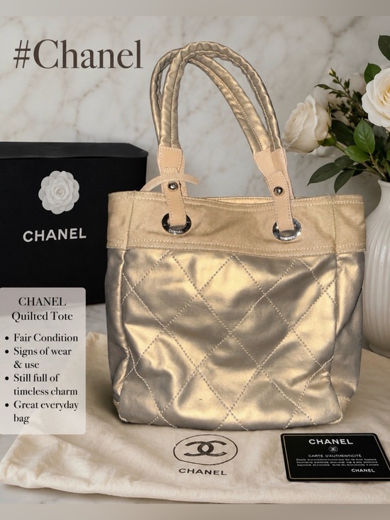 CHANEL Handbags - CHANEL Paris Biarritz PM Tote Bag Gold Matelasse Canvas CC